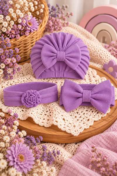 Pico Baby Baby Girl Purple Bow Bonnet Bandana Set of 3