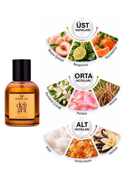 ASHLEY JOY Delight Kadın Parfüm EDP 50 ML | Fresh & Meyvemsi | Bergamot, Misk, Vanilya | Amber Renkli Cam Şişe