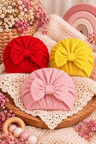 Pico Baby Fiyonklu Çift Kat Puantiyeli Bebek Bone 3'lü Set- Kırmızı/Sarı/Pembe