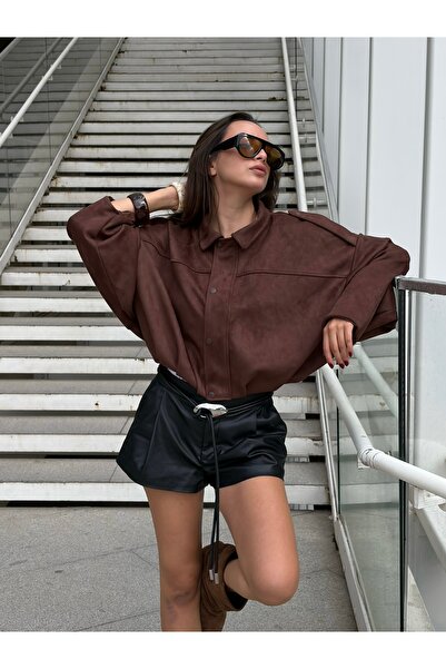 Pena Women's Brown Lined Oversize Balloon Cut Suede Coat 32092