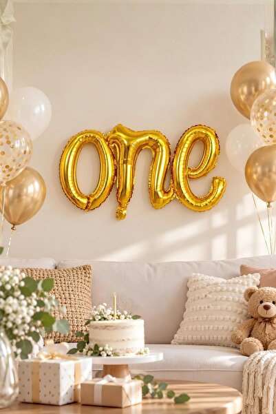 Patladı Gitti One Gold Folyo Balon - Bebek Çocuk Parti Kutlama Seti