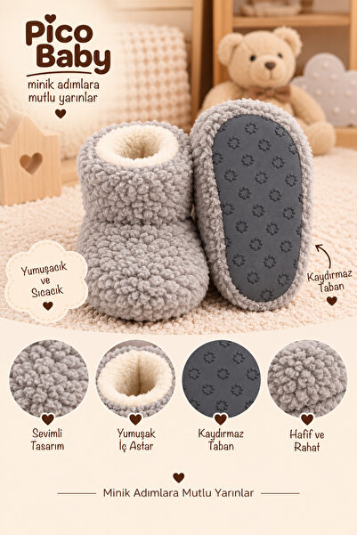 Pico Baby Bebek & Çocuk Kaydırmaz Tabanlı Ev Botu / Panduf / Kışlık Peluş Gri...