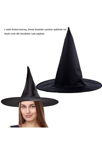partidolu Laylon Kumaş Halloween Siyah Renk Cadı Şapkası Yetişkin 1 Adet