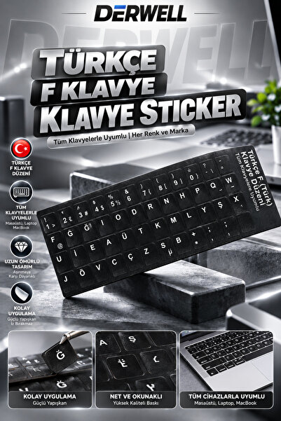 Derwell 1 Adet Türkçe F Klavye Sticker Notebook Pc Uyumlu Klavye Etiketi Sili...