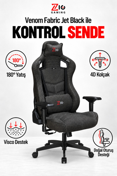 Zio Gaming Venom Jet Black Terletmez Keten Pro Oyuncu Koltuğu, 120kg Taşıma, Poliüretan Sünger, 4D Kolçak, 180° yatış