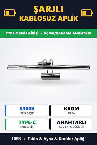 10EN Flüt Şarjlı Krom Kasa Koridor Tablo Kuğu Duvar Aplik Şarjlı Beyaz Işık