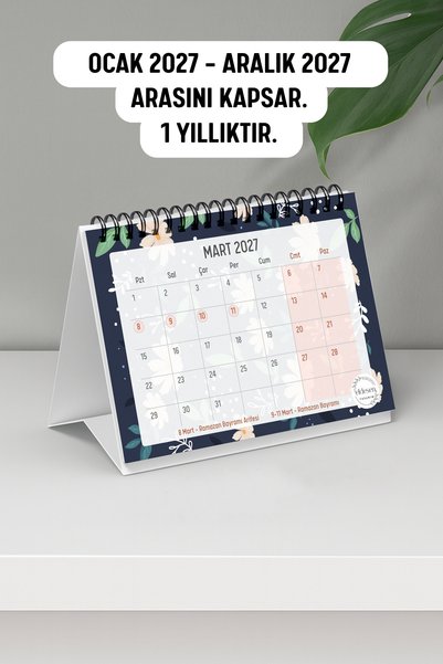 Eldesen Tasarım 2027 Masa Takvimi Spiralli A6 (15x12cm) Orta Boy / Resmi Tatiller ve Hafta Sonları / 12 Aylık