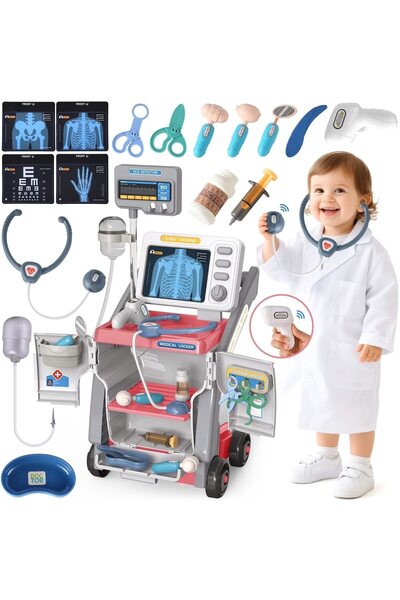 indiggo Set de Joaca, Carucior Medical pentru Copii, 15 Piese, cu Sunete, Inc...