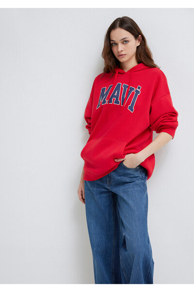 Mavi M1600361 Logo Baskılı Kapüşonlu Kadın Sweatshirt KIRMIZI