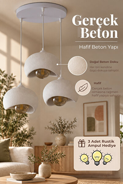SERENGETİ HOME Beton Avize 3'lü Sarkıt Avize, Modern Tasarım Hafif Beton Doku...
