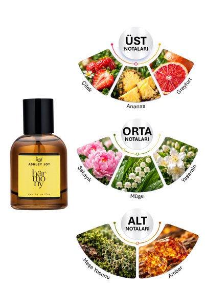 ASHLEY JOY Harmony Kadın Parfüm EDP 50 ML | Çiçeksi & Meyvemsi |Çilek, Ananas, Şakayık| Amber Renkli Cam Şişe