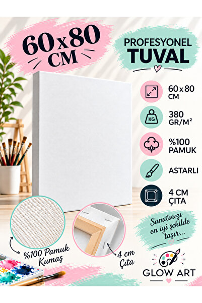 GLOW ART Profesyonel Resim Tuval Uzun Ömürlü 60x80 cm Astarlı 4 cm Kalın Çıtalı Sanatçı Tuvali