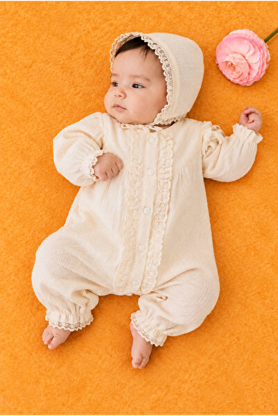 Rocha Baby Baby Girl Ecru Lace Detailed Self-Patterned Jumpsuit and Bonnet Set