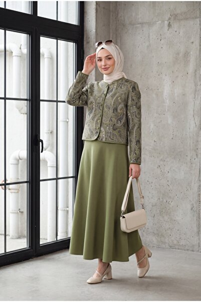 Modamorfo Ethnic Patterned Top Buttoned Scuba Suit - Olive