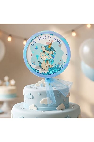 Gift Design Topper pentru tort La mulți ani Cerc-Unicorn Albastru