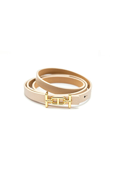 marisha Thin 1.5cm Beige Stylish Women's Belt with Gold Buckle, Jacket Belt, ...