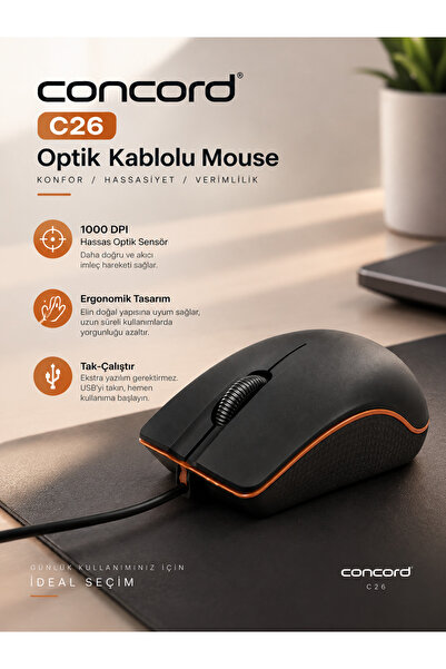 Concord C-26 Optik 1000 DPI USB Kablolu Mouse – Ergonomik Ofis ve Bilgisayar ...