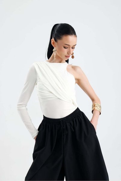 GACA COLLECTION Olinda Ecru Draped Single Sleeve Women's Bodysuit