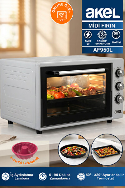 Akel AF950L 50 lt Gri Midi Fırın, İç aydınlatmalı, Zaman Ayarlı, Izgara ve Fı...