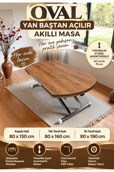 SEHPAM AKILLI Yan Baştan Açılır Yarı Oval Akıllı Yemek Masası Mdf Tabla Alt M...