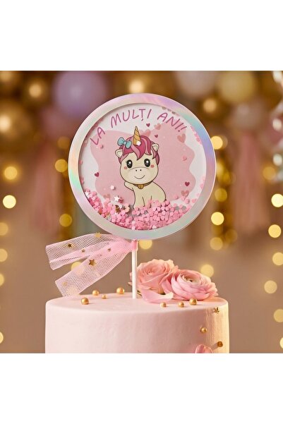 Gift Design Topper pentru tort La mulți ani Cerc-Unicorn Roz