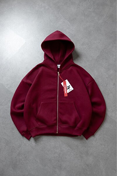 Crupt Studio Bordo Boxy Crop Erkek Ceket Zip Hoodie