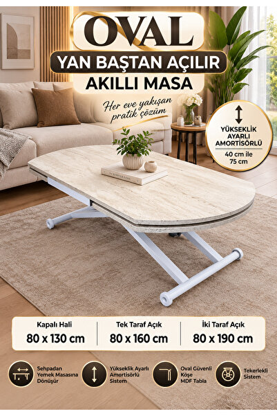 SEHPAM AKILLI Yan Baştan Açılır Yarı Oval Akıllı Yemek Masası Mdf Tabla Alt M...