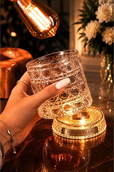 TRENDSHOPİC İsim Yazılı Led Işıklı Dönen Tabanlı Kristal Kesim Bardak - Kişiy...