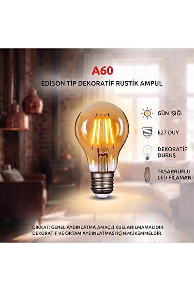 Genel Markalar A60 Edison Dekoratif Rustik LED Filament Ampul Gün Işığı E27 D...