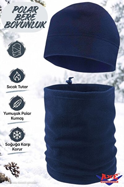 AXE SPORTSWEAR Unisex Navy Blue Winter Thermal Fleece Beanie - Drawstring Fle...