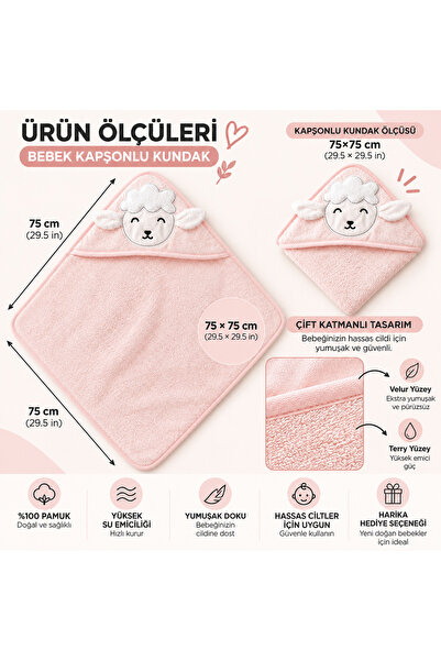 Tanem Home %100 Pamuk Pembe Kuzu Desen Nakışlı Bebek Havlu Kundak 75x75cm