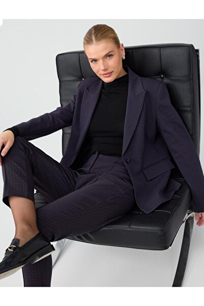 Jimmy Key Black Plaid Patterned High Waist Cotton Blend Trousers