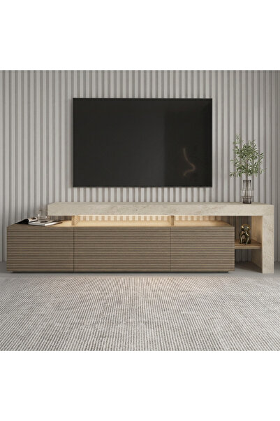İNARCH DİZAYN Beliz Modern LED Işıklı 3 Kapaklı, Raflı TV Sehpası – 192 cm, T...