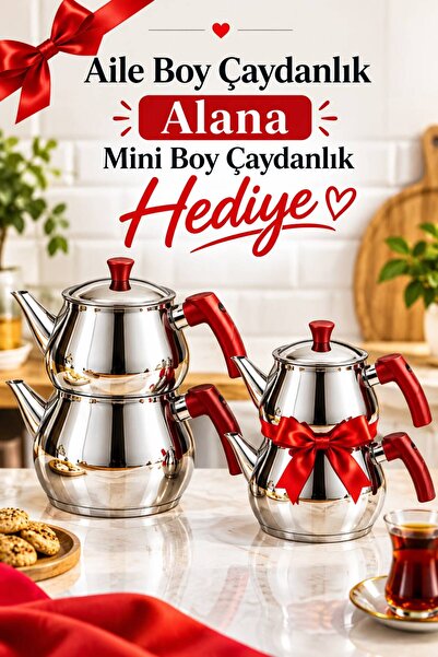 HAZARPAZAR Çaydanlık Kırmızı Bakalit Kulp Aile Boy 3.50 lt Hediyeli Mini Boy ...