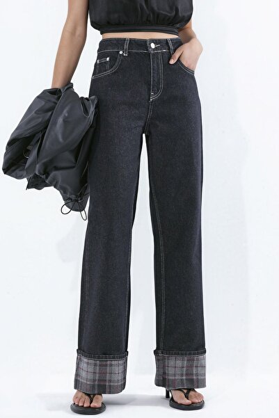 Hiccup Paça Ekose Detaylı Yüksek Bel Wide Leg Jeans