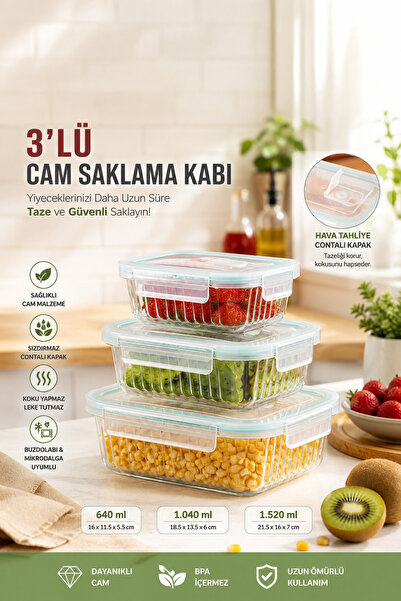 Porsima Multi-Purpose Glass Food Storage Container Set of 3 with Lockable Lea...