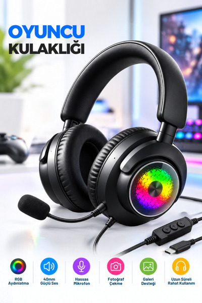 CROW'S TECH Oyuncu Kulaklığı Mikrofonlu RGB LED Işıklı 3.5mm Type-C PC PS Xbo...