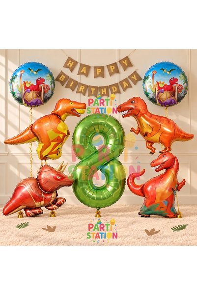 Parti Station Jungle Theme Dinosaur Concept Green Number Balloon 8 Year Old G...