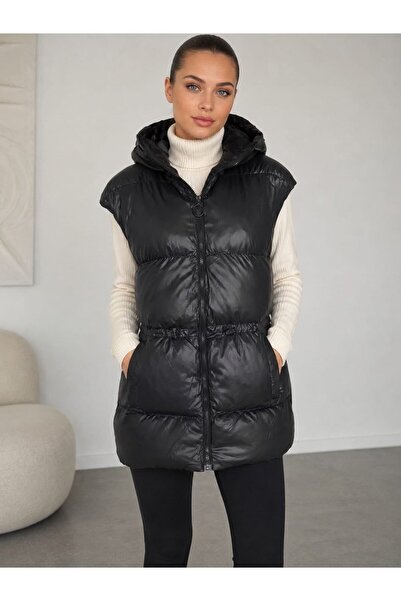 wera Black, Microgel-Filled, Shiny Texture, Stylish Women's Puffer Vest