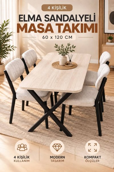 BAMBEDS MOBİLYA 60x120 Yemek Masası Mutfak Masası 4 Kişilik Masa Sandalye Tak...