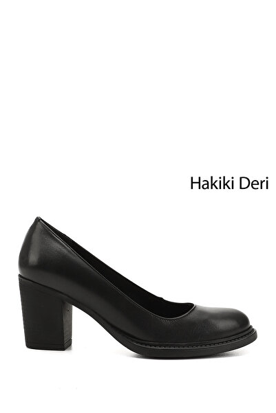 GÖNDERİ(R) Kadın Siyah Orta Kalın Topuklu Hakiki Deri Ayakkabı