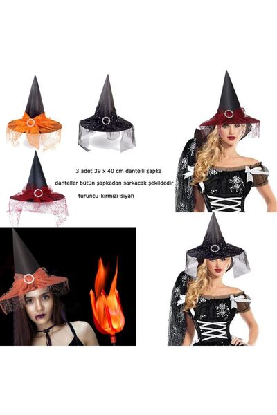 partidolu Halloween Sarkan Siyah Dantelli Cadı Şapkası Yetişkin 3 Adet 39x40 cm