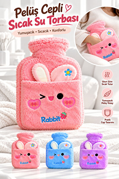 Reona Peluş Kılıflı Tavşan Figürlü Sıcak Su Torbası 2 Litre | Rabbit Cepli El...