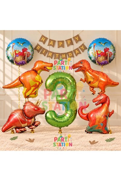 Parti Station Jungle Theme Dinosaur Concept Green Number Balloon 3 Year Old G...
