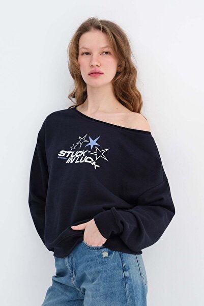 Addax Kayık Yaka Printed Sweatshirt S10591