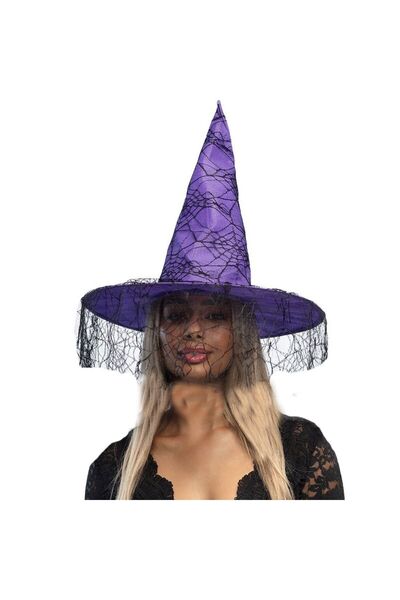 partidolu Halloween Sarkan Dantelli Örümcek Desen Cadı Şapkası Yetişkin Mor R...