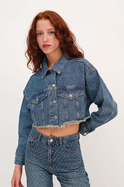 Addax Taşlı Crop Denim Ceket C5017-1