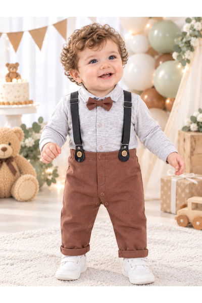 Sönmez Baby PAPYONLU ASKILI MEVSİMLİK DAMATLIK TULUM İKİ PARÇA ERKEK BEBE TAKIM