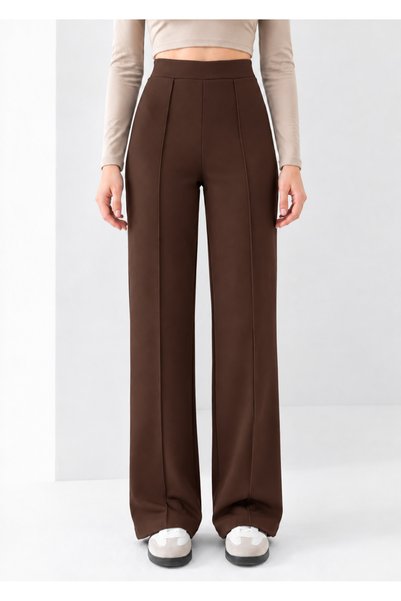 OLİZZA Women's Brown Modal Wide Leg Striped High Waist Elastic Waist Soft Textured Lycra Trousers