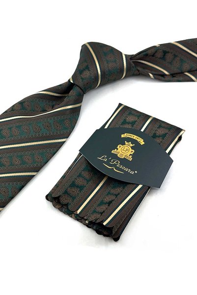 Kravatkolik Green Beige Stripe Pattern Classic Tie with Handkerchief Kk13772